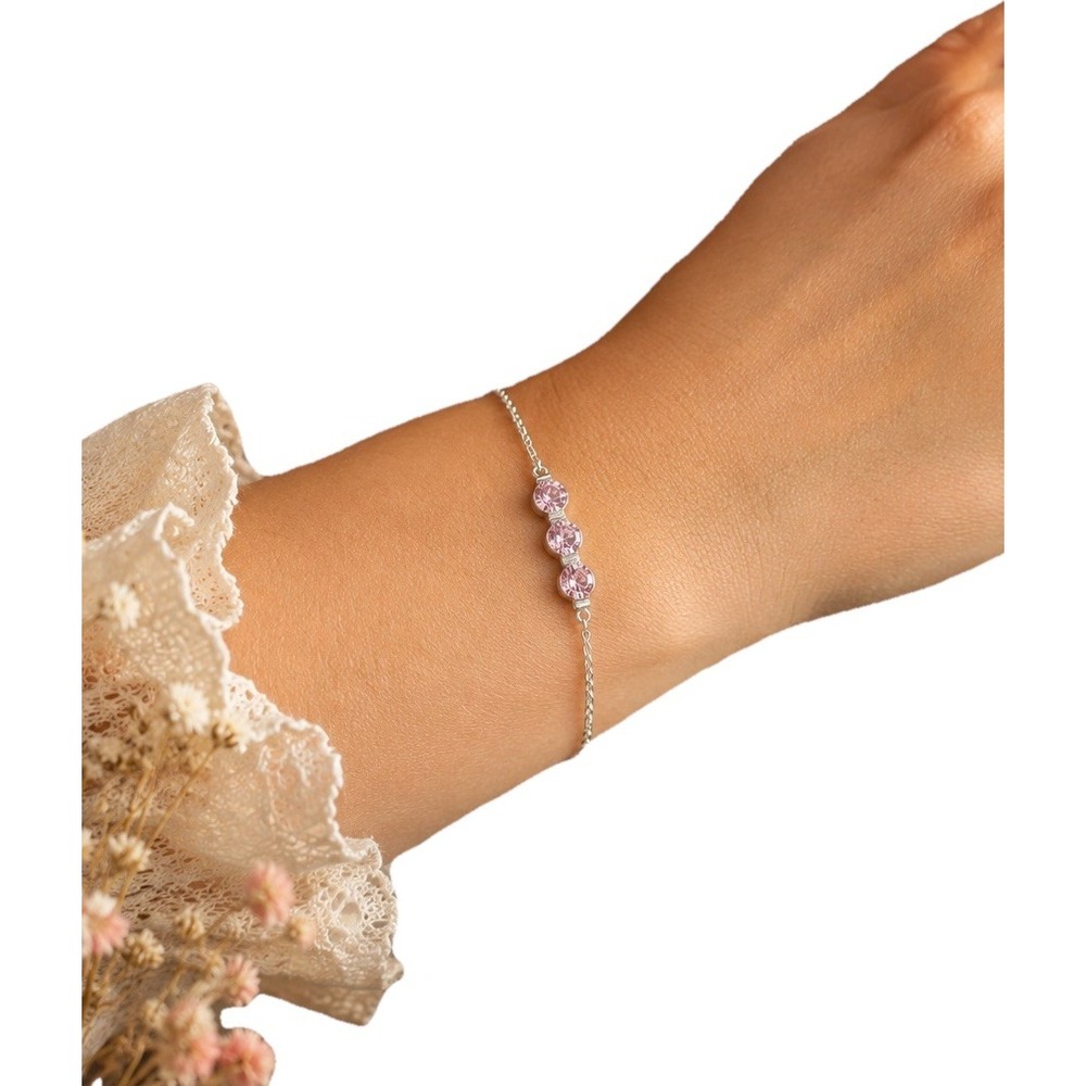 Sterling Silver Pink CZ Triple Stone Bracelet 925 Bezel Set 7.25"